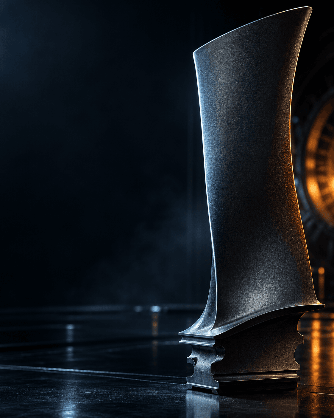 A precision aerospace component with cool blue and restrained amber light